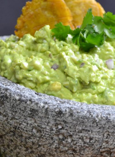 2 RECIPES: Guacamole with Egg and Tostones {fried Plantains} topped with Shredded Chicken