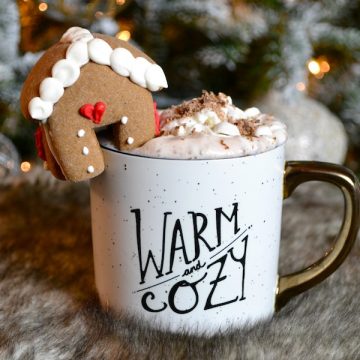 Warm & Cozy: Hot Chocolate with flavored Lavender Milk - topped with a Gingerbread House Mug Topper