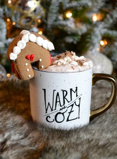 Warm & Cozy: Hot Chocolate with flavored Lavender Milk - topped with a Gingerbread House Mug Topper