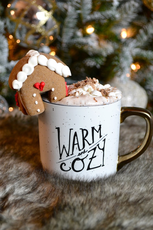 Warm & Cozy: Hot Chocolate with flavored Lavender Milk - topped with a Gingerbread House Mug Topper
