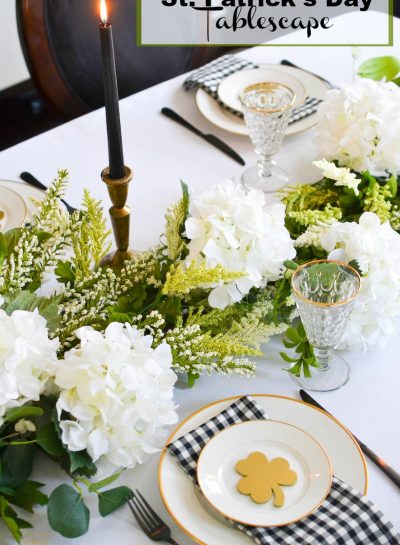 A “SHAMROCK” ST. PATRICK’S DAY TABLESCAPE THAT INCLUDES A HYDRANGEA, GARDEN-INSPIRED FLORAL TABLE RUNNER