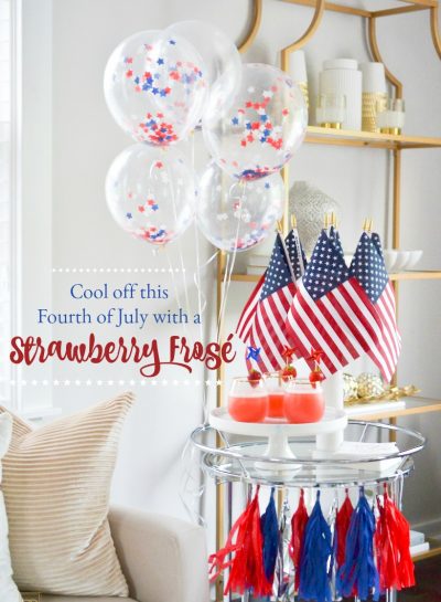INSPO FOR YOUR FOURTH OF JULY PARTY: A STRAWBERRY FROSE SERVED ON A PATRIOTIC BAR CART