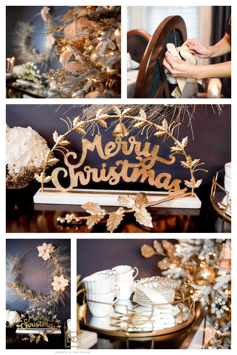 DESIGN BY OCCASION CHRISTMAS HOME TOUR. DINING ROOM WITH AND ELEGANT SILVER & GOLD TABLESCAPE.