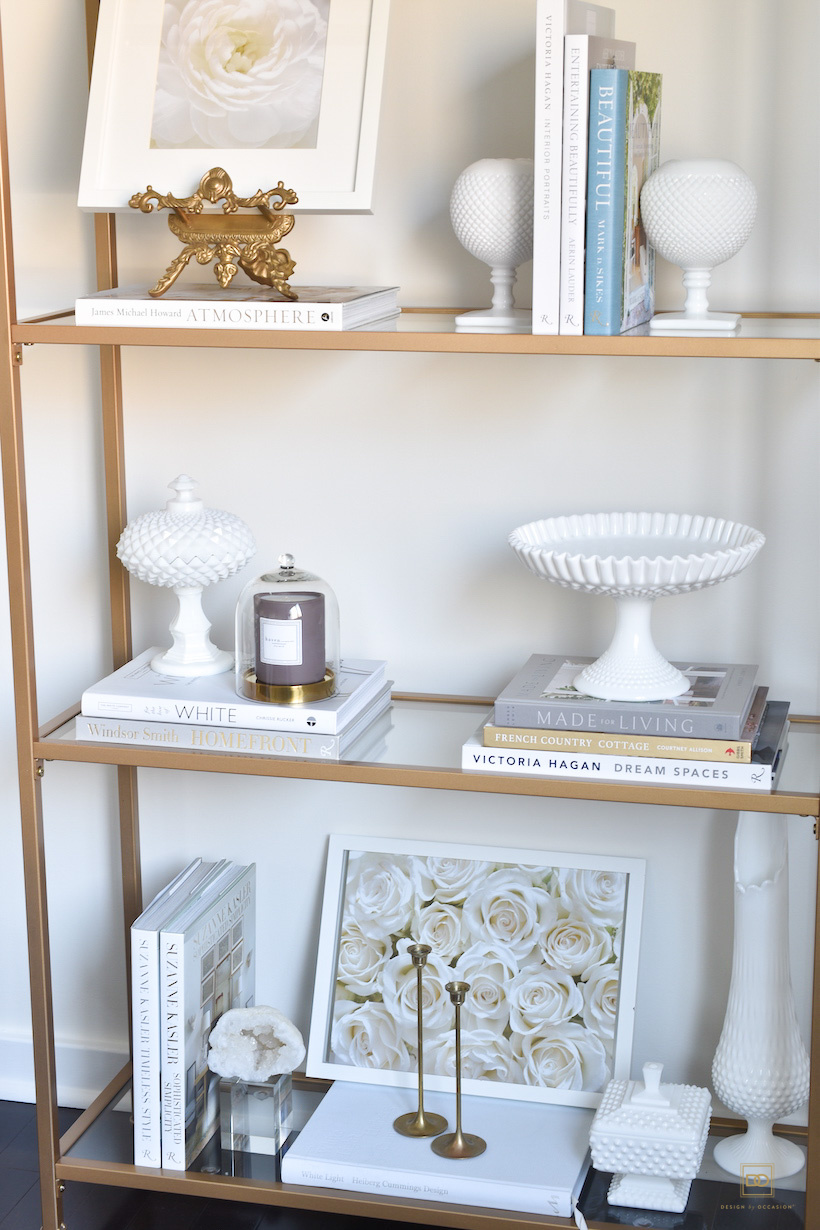 Bookshelf Styling with Milk Glass