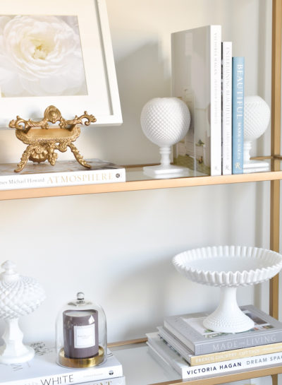 HOW I RESTYLED OUR ETAGERE SHELF WITH VINTAGE MILK GLASS BY MIXING OLD WITH NEW